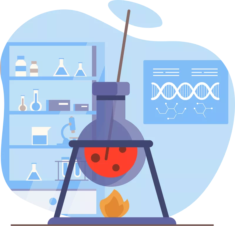  A close-up of a glass flask containing a red bubbling liquid, placed over a Bunsen burner with a stirring rod inside. The background features lab shelves and a scientific diagram of a DNA sequence.