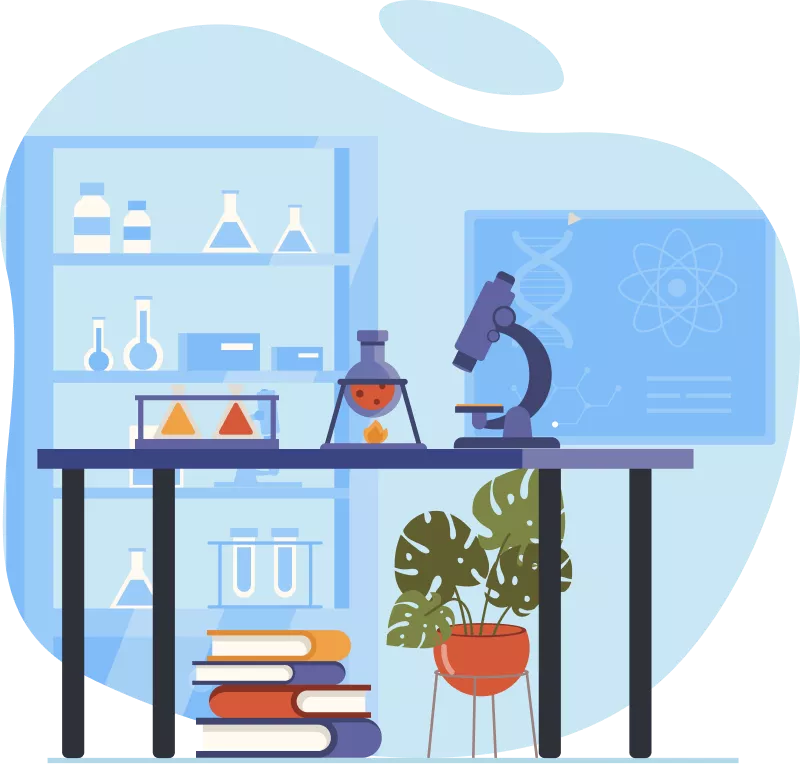 A chemistry laboratory with a microscope, an active Bunsen burner heating a flask, books stacked on the table, and shelves filled with scientific glassware and chemicals.