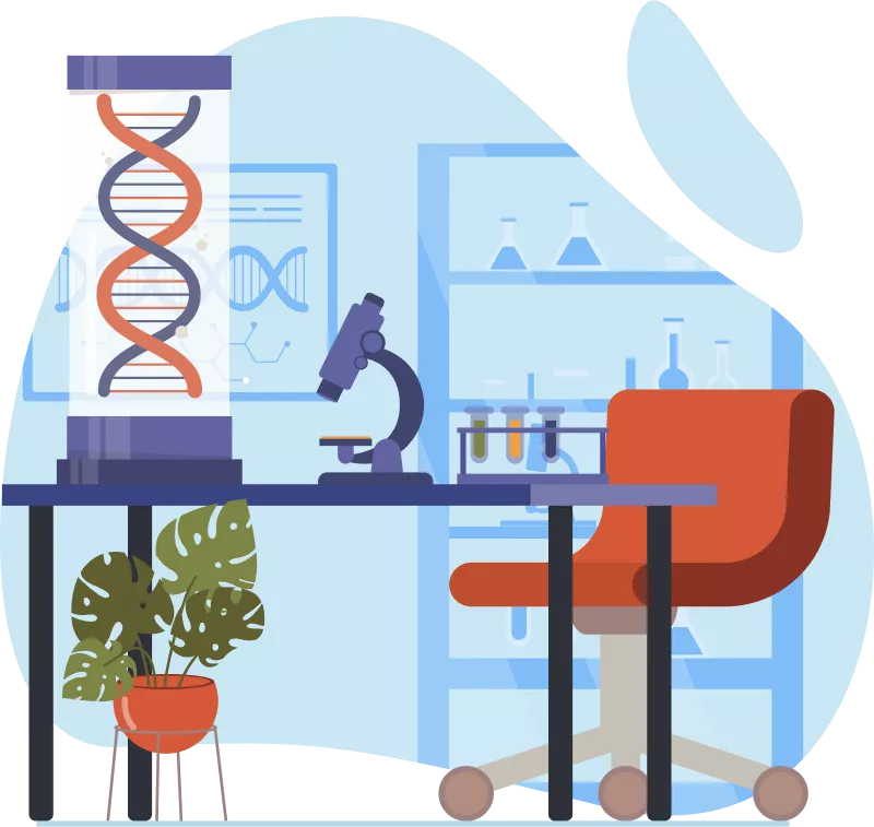 A modern chemistry lab featuring a large DNA helix in a glass container, a microscope on a desk, and various scientific equipment. An orange office chair sits in front of the workspace.