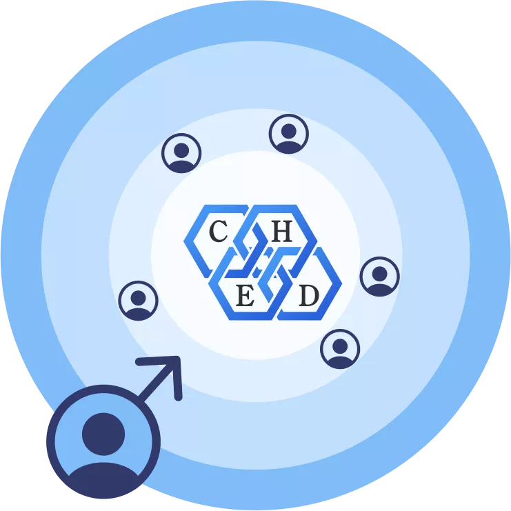 A conceptual illustration of the atomic Bohr model with an electron represented as a new member jumping to the next energy level, symbolizing joining the organization to spread the energy.