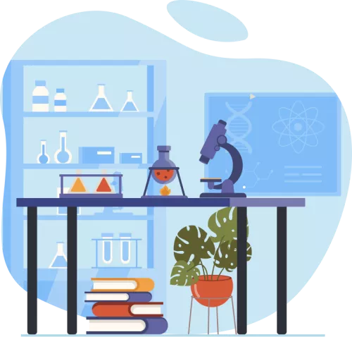 A chemistry laboratory with a microscope, an active Bunsen burner heating a flask, books stacked on the table, and shelves filled with scientific glassware and chemicals.