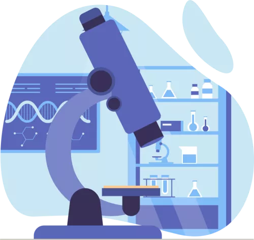 A close-up illustration of a blue microscope in a laboratory setting. In the background, there are shelves with chemical flasks and test tubes, as well as a DNA diagram on a screen.